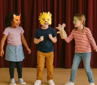 Bambini che recitano con maschere animali e pupazzi