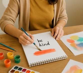 Persona che dipinge la scritta 'be kind' con acquerelli