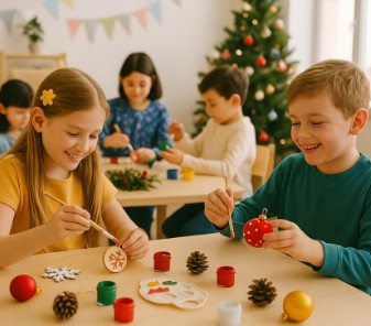 Bambini che decorano oggetti natalizi in un laboratorio